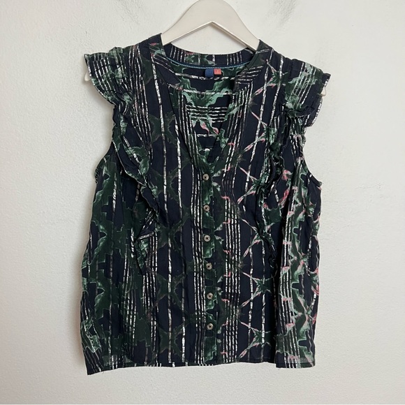 Anthropologie Pilcro Ruffled Button Front Sleeveless Blouse Black Print Top M - Picture 4 of 12